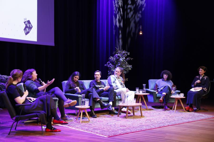 Left to right: Mirthe Berentsen, Joke de Wolf, Sachli Gholamalizad, Magnus Monfeldt, Jonas Ohlsson, Lara Khaldi and Hettie Judah - © Sofie Knijff